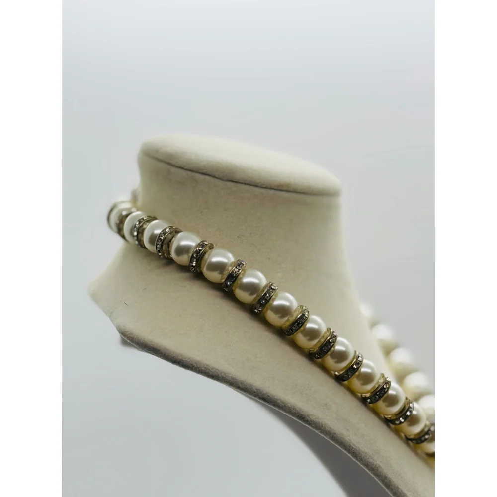 Vtg 90s Glass Faux‎ Pearl And Rhinestone Necklace 15